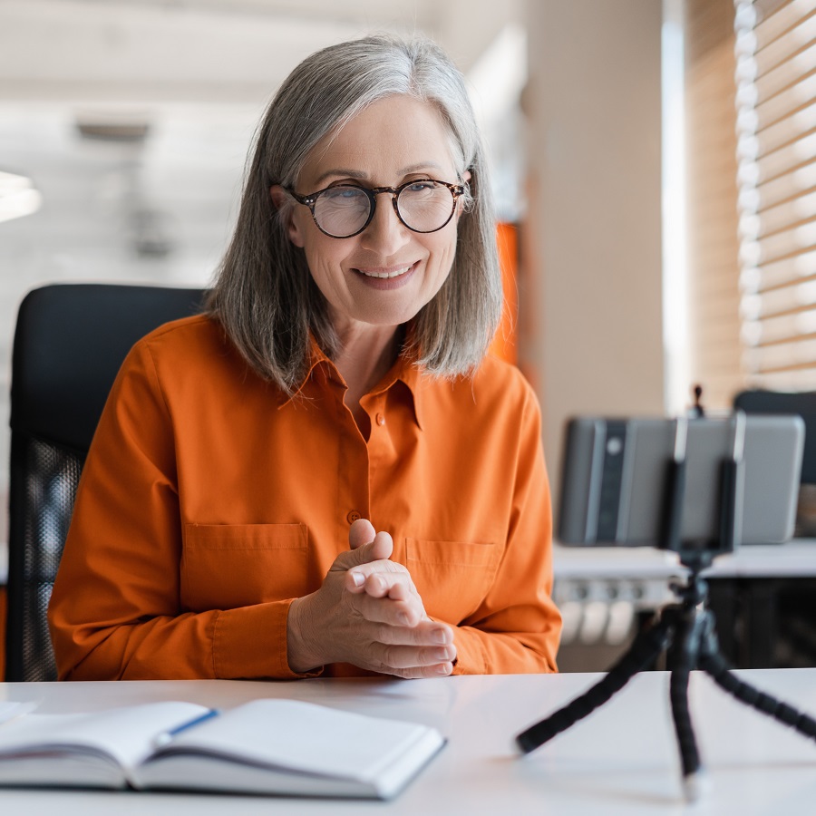 A PR executive dials in to a client video call