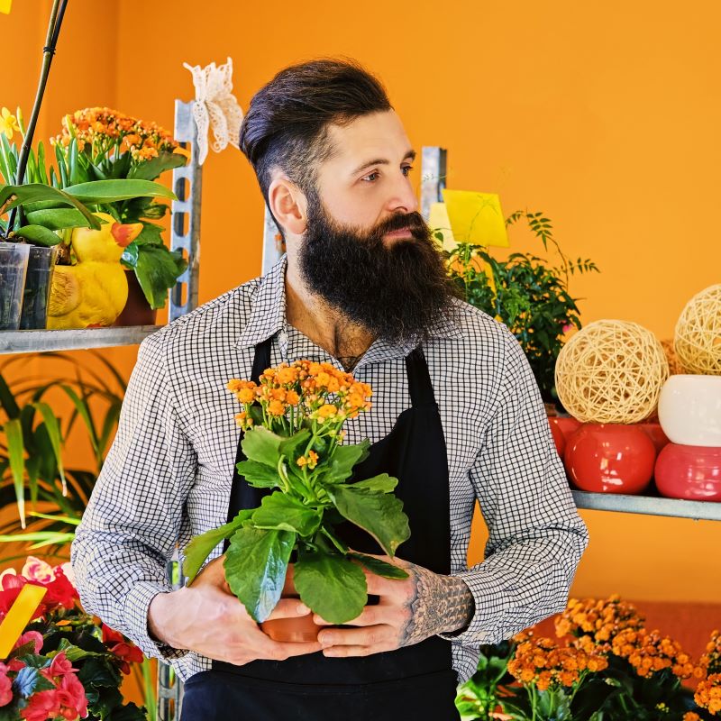 A male business owner looking to guarantee the future of his flower shop business holds a plant.